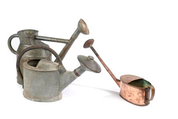 A zinc watering can with copper rose French 19th century with makers plaque 60cm long, together with another French copper watering can and a smaller...