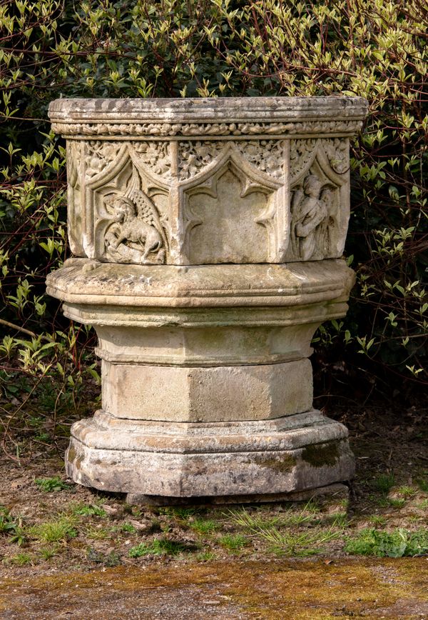 A Victorian carved limestone font circa 1860 some elements missing 106cm high by 89cm wide