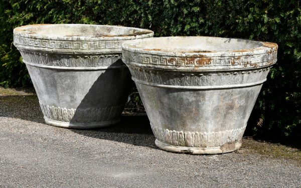 ‡ A pair of substantial tapering cylindrical composition stone planters 2nd half 20th century 60cm high by 87cm diameter