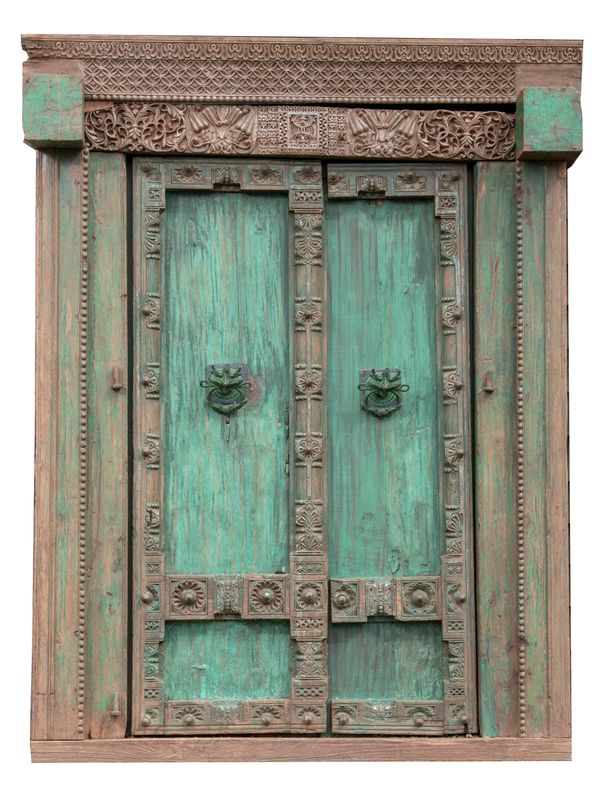 A painted hardwood doorway Ottoman, 19th century with bronze handles and iron fixtures 205cm high by 150cm wide