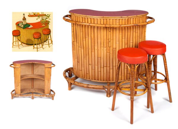A kidney shaped free standing Tiki bar with two stools French, 1940‘s  constructed from bamboo and timber shelving with original laminated bar top...