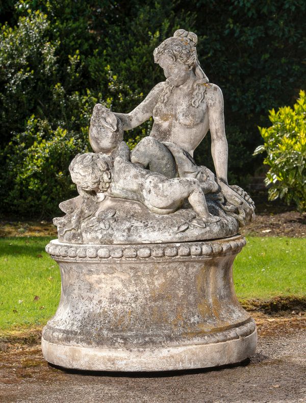 A composition stone fountain group of Venus and a putto on pedestal 1st half 20th century pitcher drilled for water 154cm high