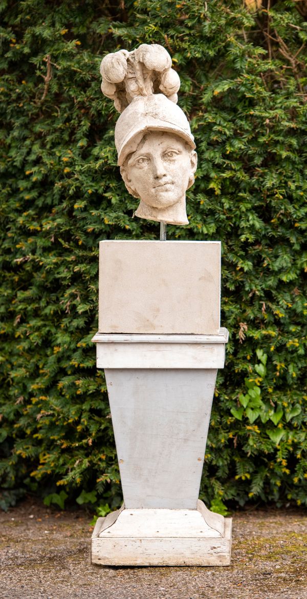 A ciment fondue classical head of Minerva on composition stone base  75cm high  on associated wooden plinth 135 high overall