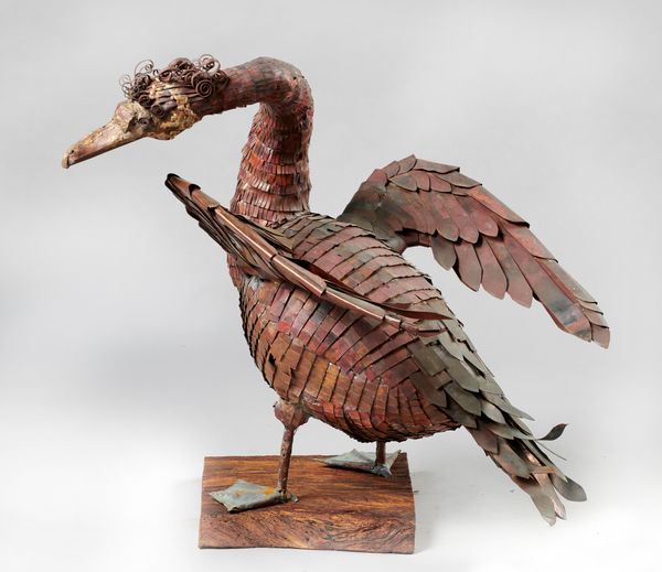 Errol Tompkins Mythological bird Sheet copper strips on oak base 85cm high