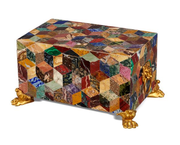 A marble casket veneered with specimen lapidary including lapis lazuli, amethyst, blue john, jaspers, fossilised plum pudding coral stone, with gilt...