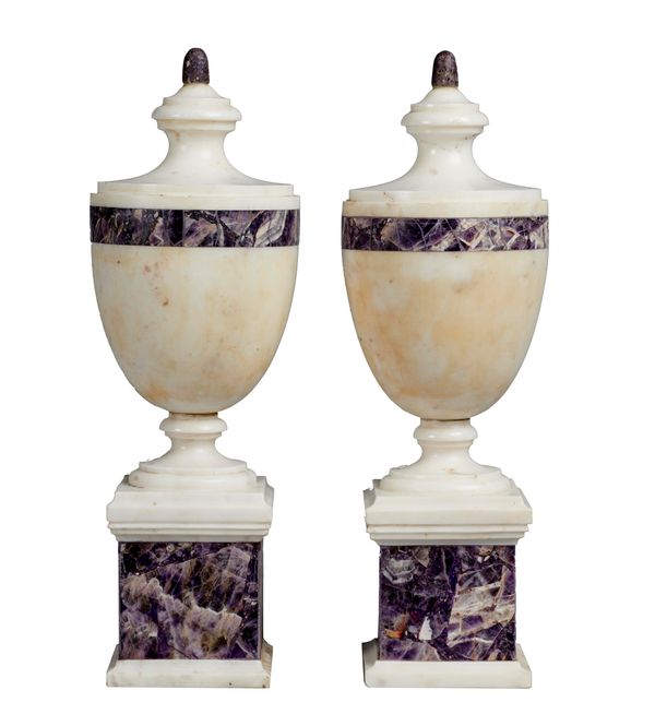 A pair of amethyst veneered white marble urns modern 50cm high