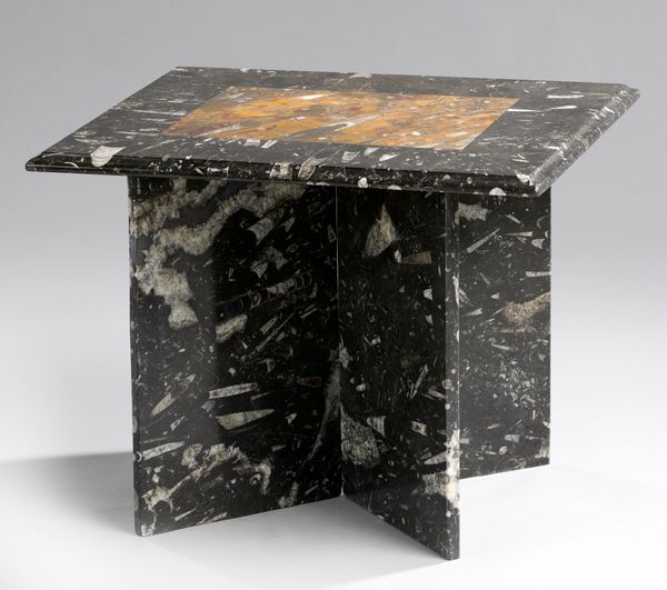 A fossil marble square table with orthoceras specimens Moroccan, Devonian 50cm square