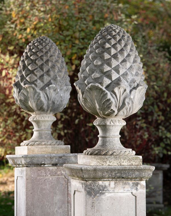A pair of composition stone gate pier pineapples 2nd half 20th century  90cm high 