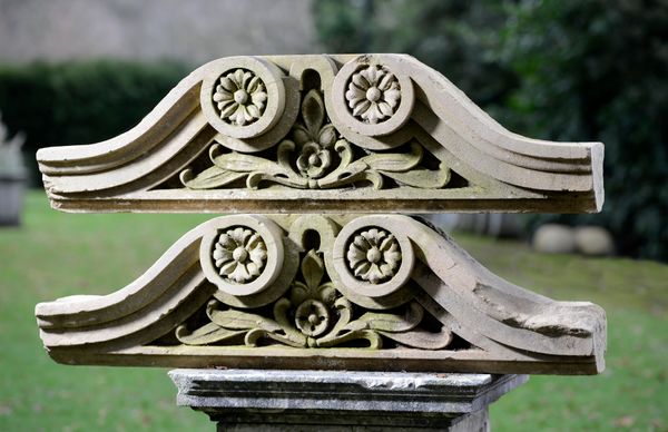 A pair of early Victorian carved stone pediments mid 19th century  33cm high by 126cm wide