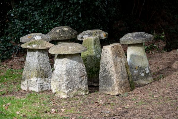 A harlequin set of six staddlestones including four on circular bases and two on square bases average height 66cm high, together with two...