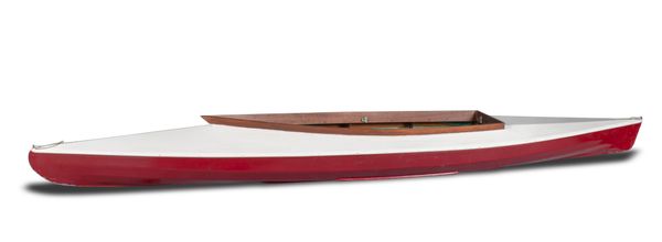 A painted canvas covered and hardwood kayak mid 20th century  with softwood slats 425cm long