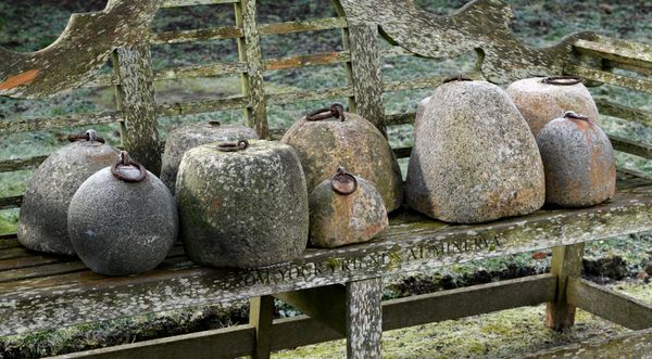 A harlequin set of ten granite and stone weights 18th/19th century with iron ring handles 34cm high