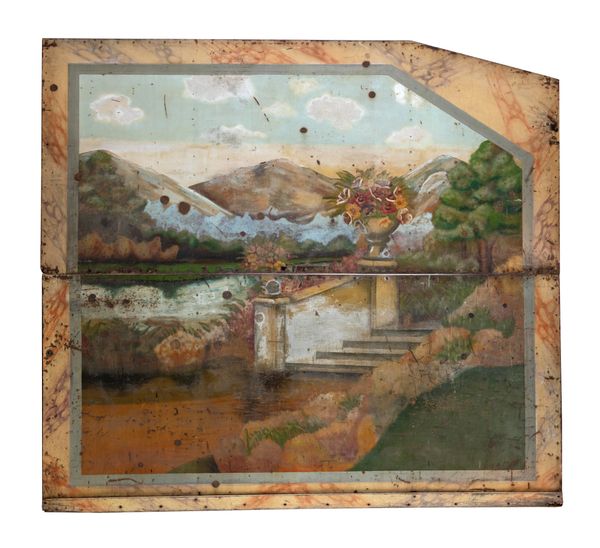 A pair of fairground end panels mid 20th century  each in two sections painted on tin with pastural scenes in a wooden frame each panel in two...