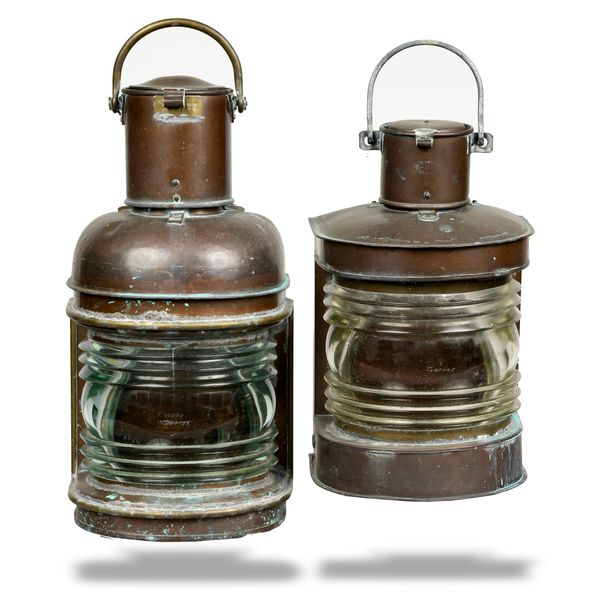 Two copper glazed ships lanterns late 19th century one stamped GM Hammar the larger 52cm high