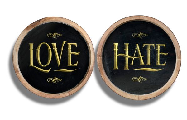 A pair of Verre Eglomise glass roundels 20th century  inscribed Love and Hate, in wooden frames 122cm diameter 