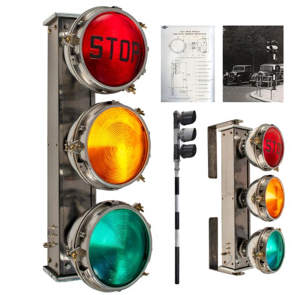 An extremely rare set of 1930‘s SGE Traffic lights 82cm long by 35cm wide SGE (Siemens & General Electric Railway Signal Co) manufactured traffic...