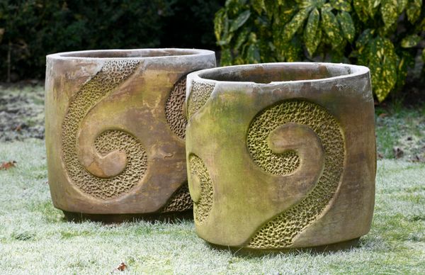 A pair of unusual terracotta cylindrical planters 1960‘s 50cm high by 50cm diameter