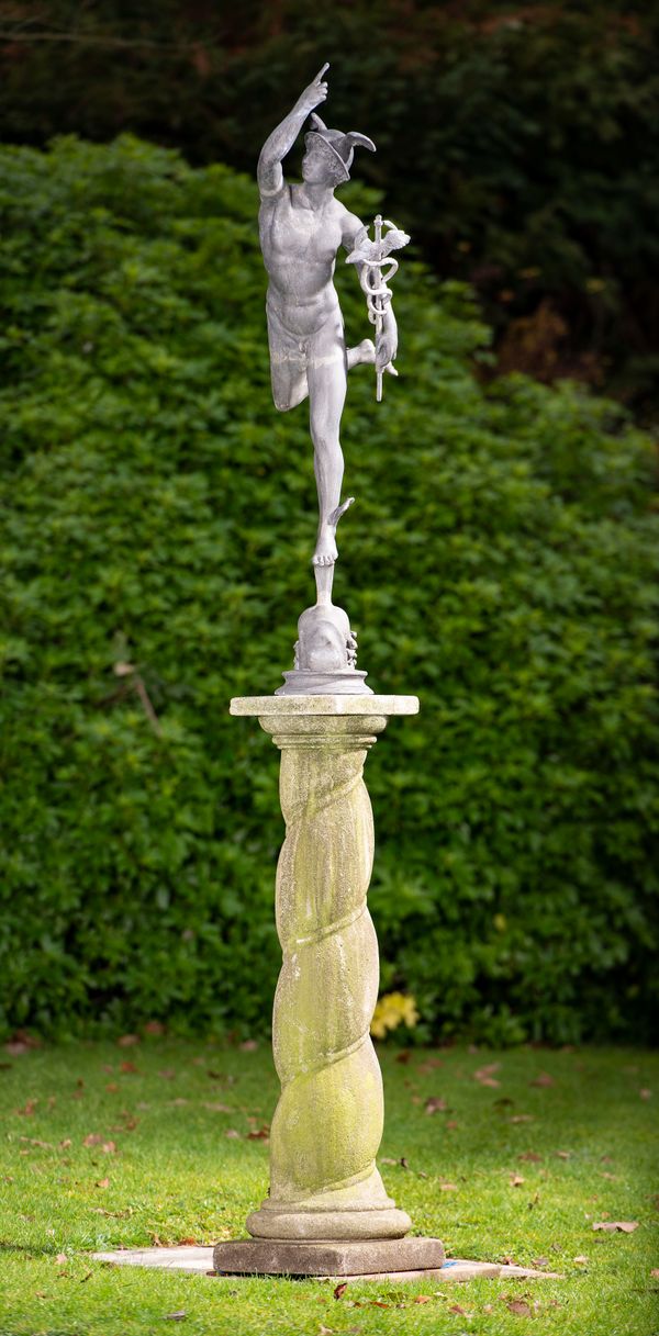 † After Giambologna: A lead figure of Mercury modern on composition stone column pedestal 203cm high overall