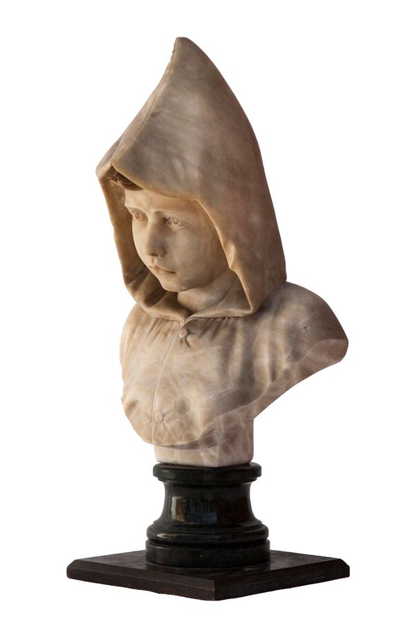 A carved alabaster bust of a young girl in a hooded cape 19th century   raised on a socle base  Unique  61cm high by 29cm wide by 36cm deep