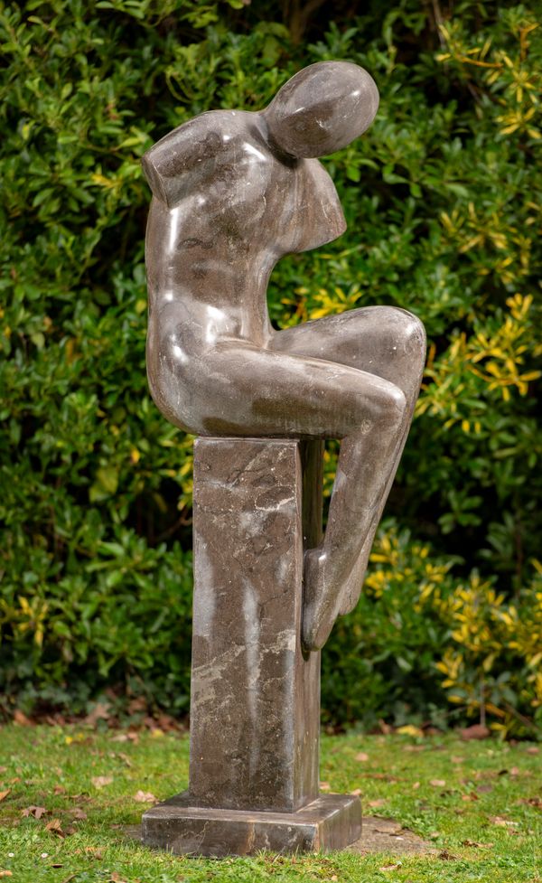 A carved marble abstract figure seated on column modern  150cm high