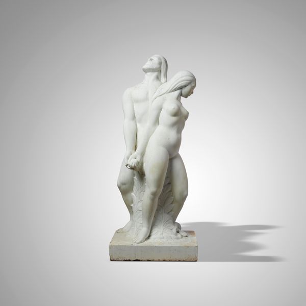 &#9650; Ernest Shone-Jones A carved white marble group of Adam and Eve signed E. Shone-Jones ARBS 1953 on stone pedestal the marble 137cm high 