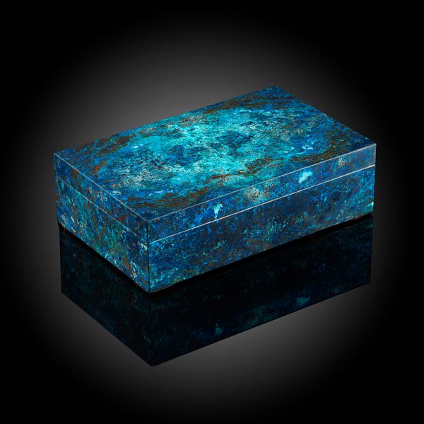 A Chrysocolla veneered box signed and in presentation box 18.5cm wide by 12cm deep