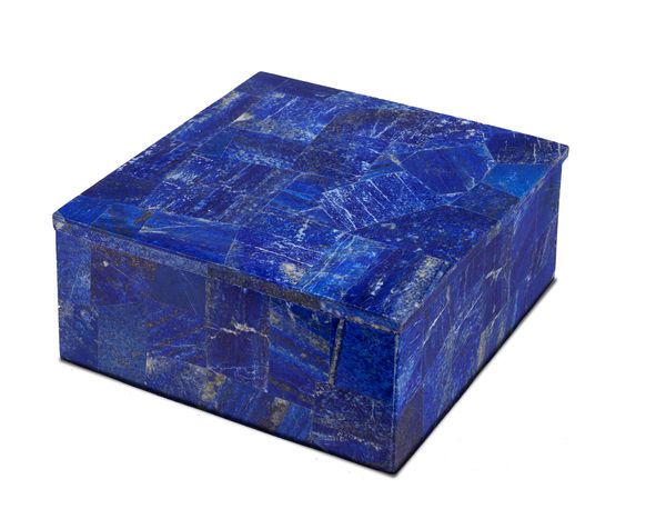 A square lapis lazuli veneered box with fitted case 23cm wide