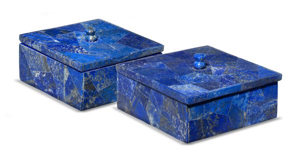 A near pair of lapis lazuli boxes Afghanistan with fitted cases one 14cm, the other 16cm with fitted cases