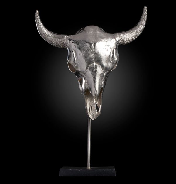 A nickel plated cast metal bison skull on stand  modern 92cm high