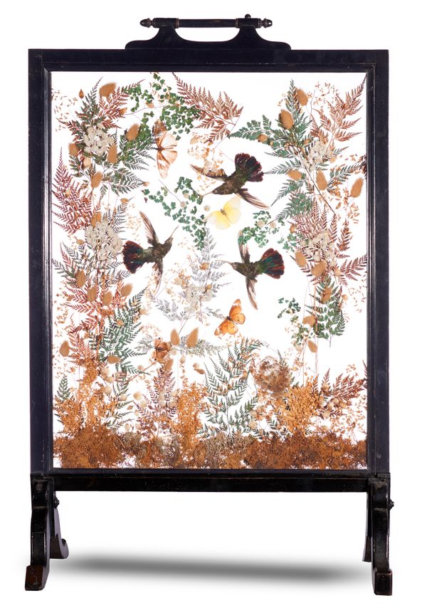 A fine decorative fire screen with foliage, butterflies and humming birds circa 1900 88cm high