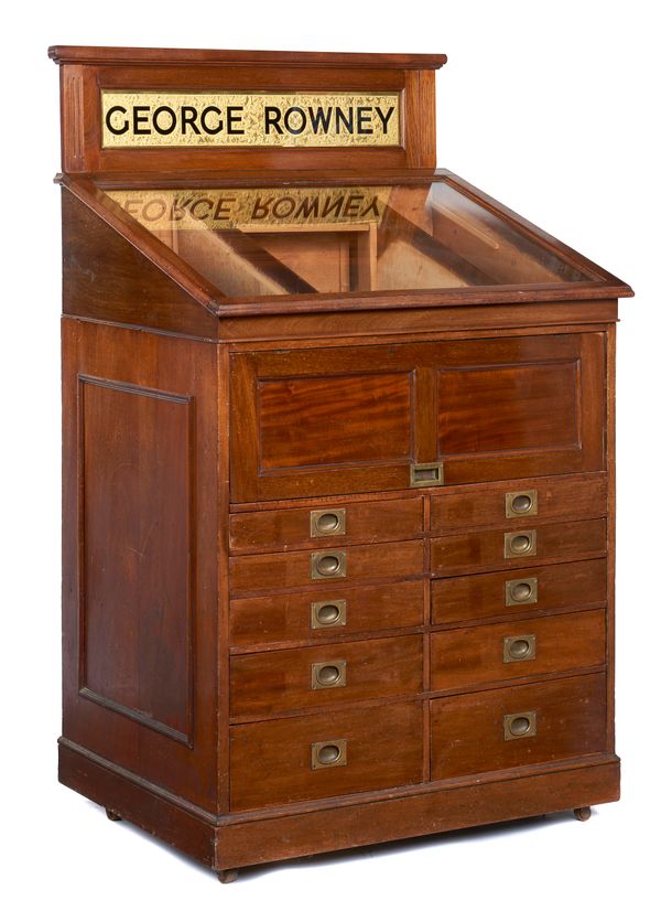 A mahogany artists supply shop cabinet circa 1900 with gilt sign George Rowney 148cm high by 98cm wide George Rowney is one of the few suppliers of...
