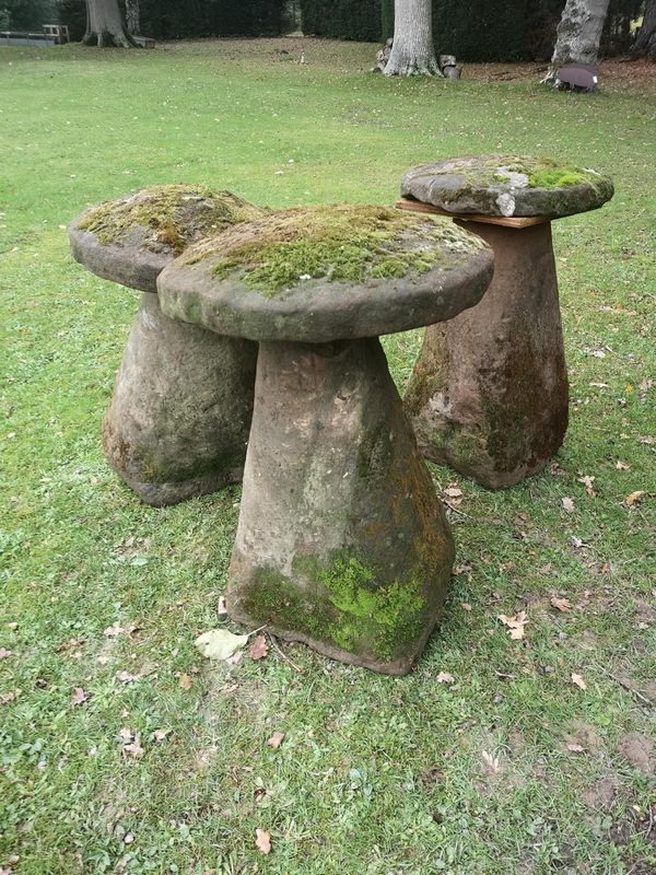 A harlequin set of three sandstone staddlestones the tallest 85cm From the personal collection of Tim Wonnacott.  See lot 400 for further...