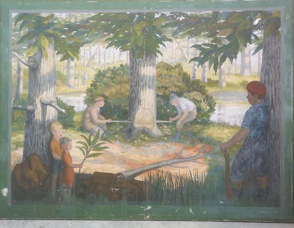 English School, 1st half 20th century A painted wooden mural of wood cutters Oil on canvas laid on board 184cm high by 244cm wide From the personal...