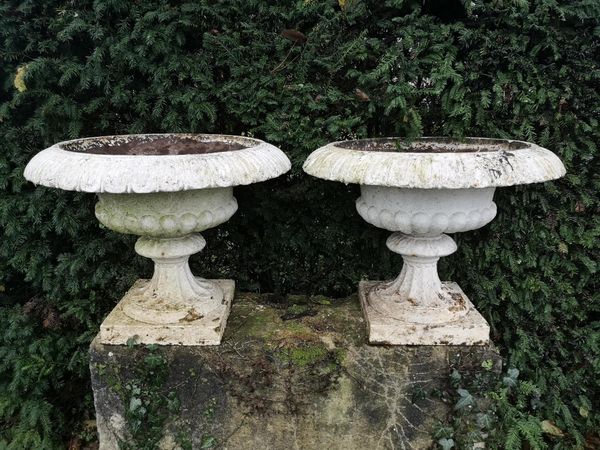 A pair of cast iron urns 48cm high