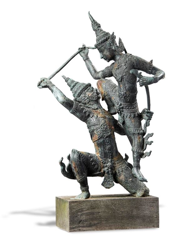 A bronze figure of two warriors Siamese, late 19th/early 20th century on later wooden base 55cm high