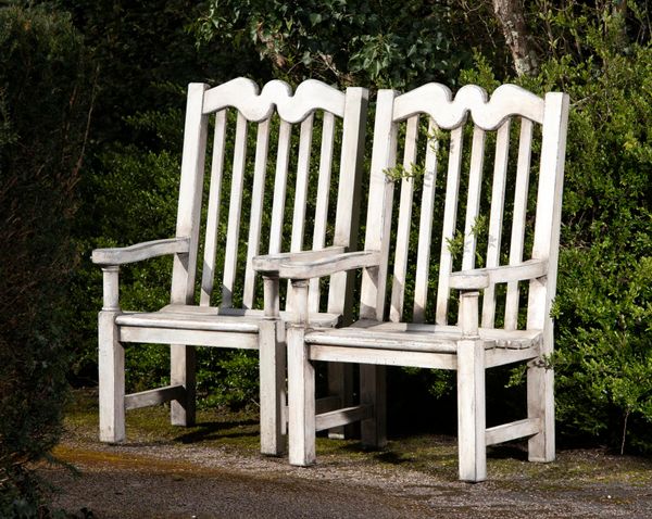 A pair of large hardwood chairs  modern 120cm high