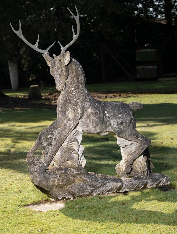 An unusual composition stone figure of a deer with bronze antlers 2nd half 20th century  155cm high