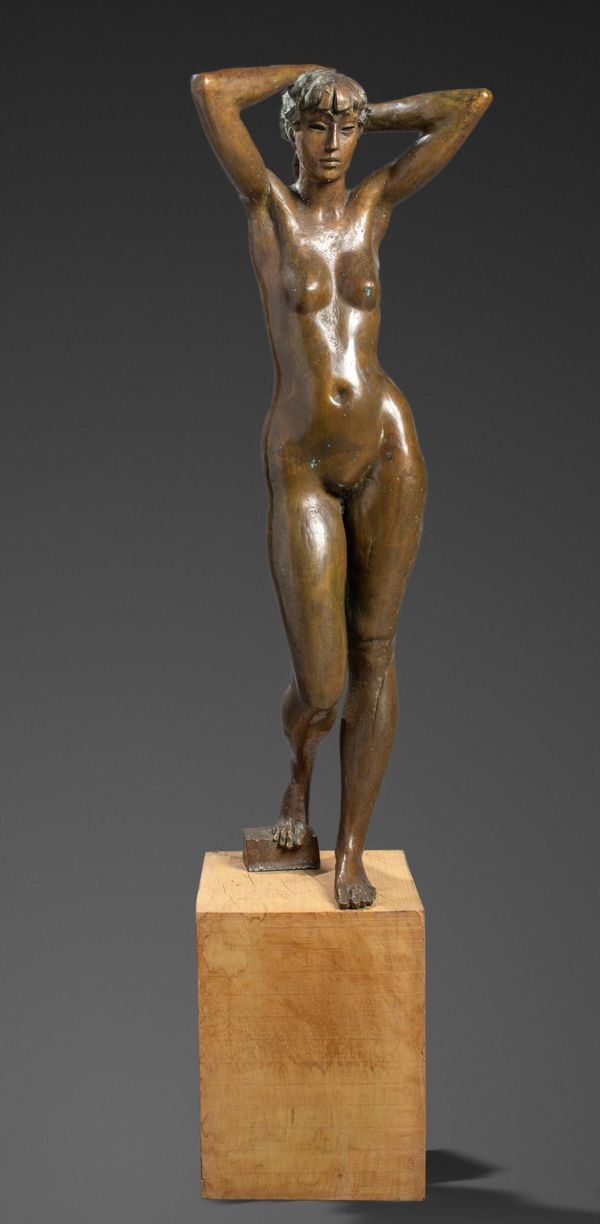 A similar bronze figure of a naked girl 3rd quarter 20th century on stone pedestal 180cm high