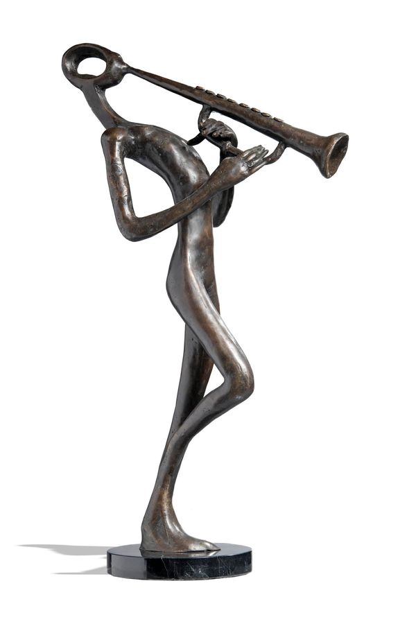 A bronze stylised saxophone player modern on marble base 60cm high