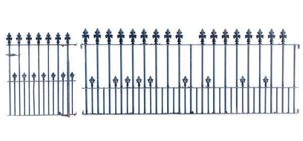 A quantity of Victorian cast iron railings  comprising five panels, together with matching gate the railings 117cm high by approximately 12m 50cm...
