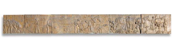 A bronze frieze late 20th century comprising seven panels  109cm high by 992cm long by 8cm deep This bronze frieze along with lots 217 to 219 was...