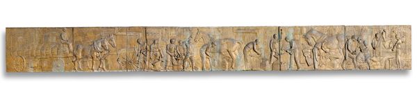 A similar bronze frieze comprising 7 panels  109cm high by 1050cm long by 8cm deep