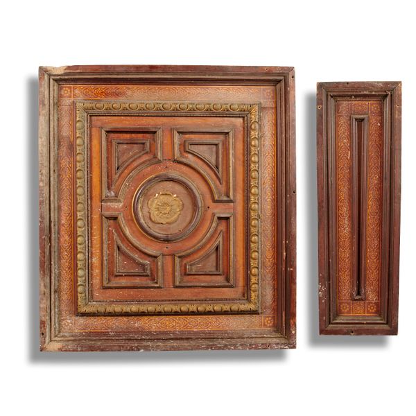 A collection of eight rectangular gilded and moulded walnut ceiling panels late 19th century some elements missing 117cm by 110cm together with a...