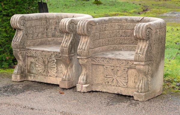 † A pair of carved sandstone thrones Indian, modern 82cm wide