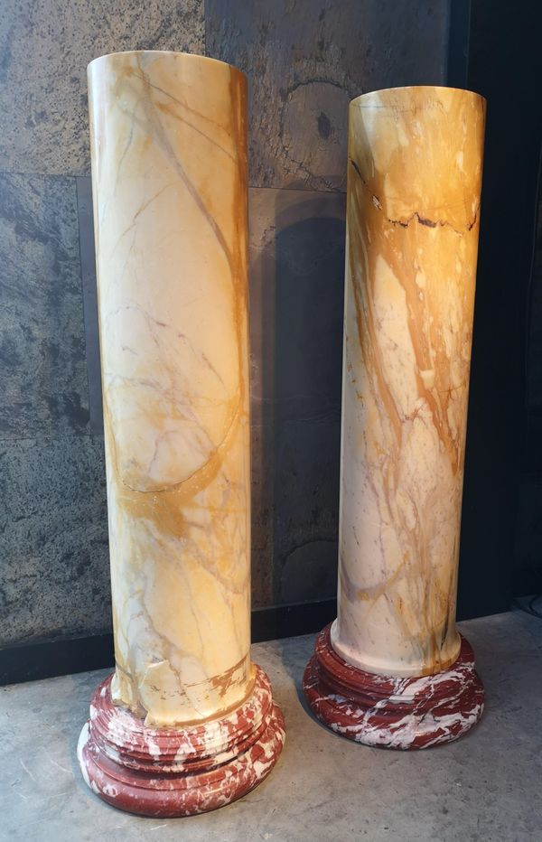 A pair of Sienna and Rosso Cipollino marble column pedestals