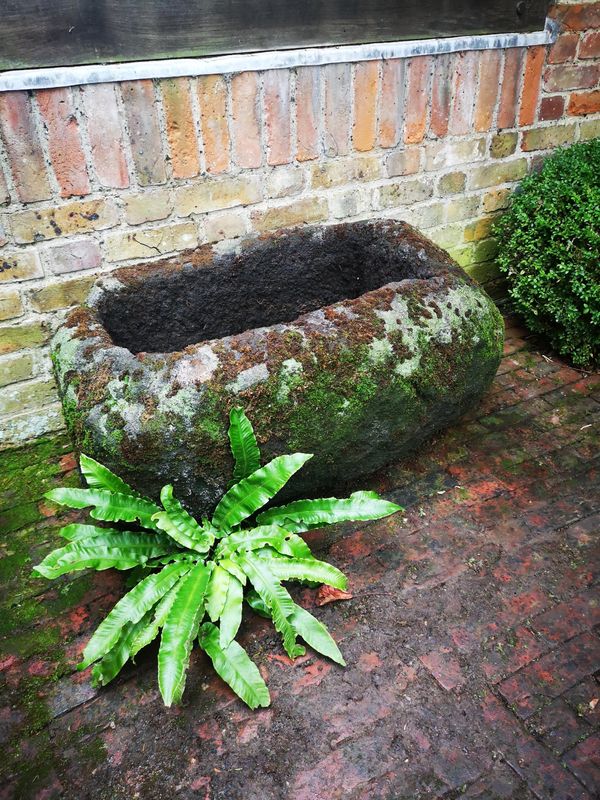 A near pair of carved lava stone troughs the larger 46cm high by 88cm long, together with a shallow square limestone trough, 19cm high by 55cm...