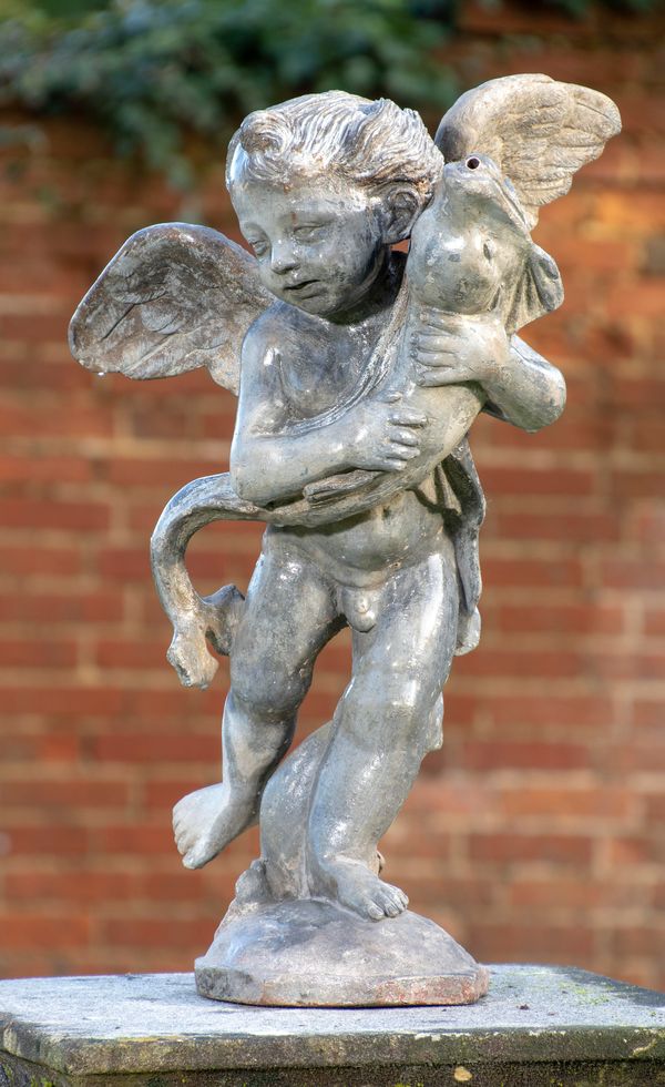 After Verrocchio: A lead fountain figure of a cherub holding a fish 2nd half 20th century plumbed for water 60cm high