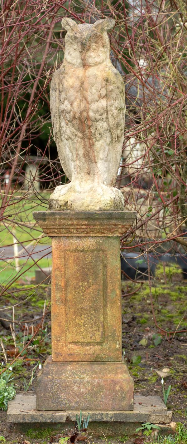 A composition stone owl on pedestal modern 160cm high overall