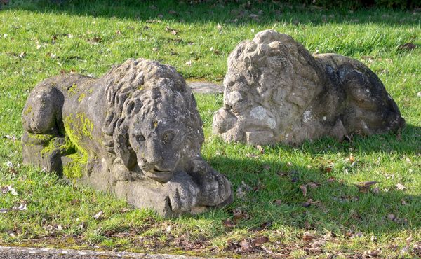 After Canova: A pair of composition stone reclining lions 2nd half 20th century 56cm high by 122cm long