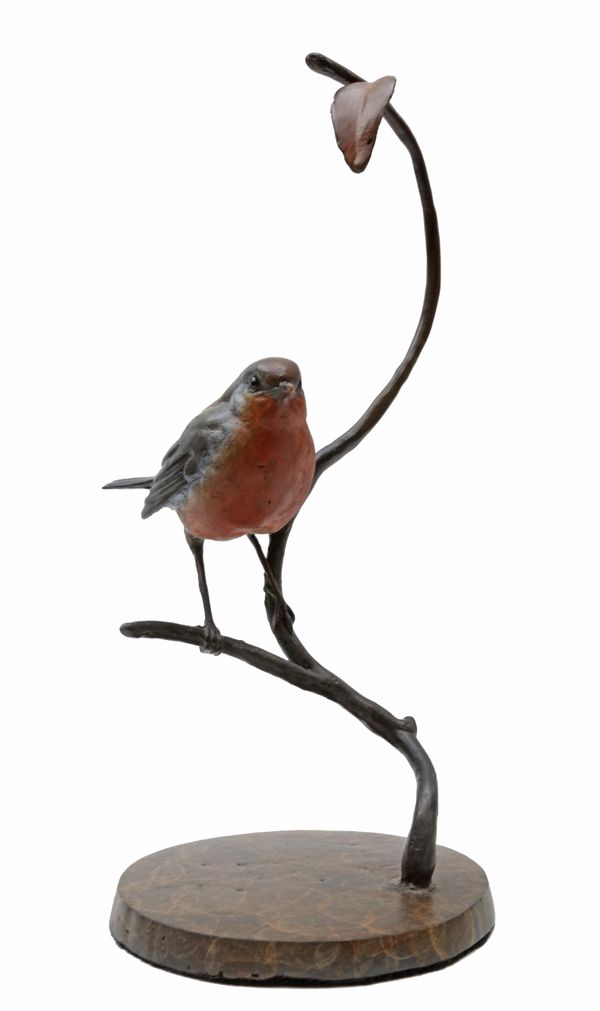 Steve Langford Robin on a branch Bronze Signed 25cm high by 13cm wide by 13cm deep